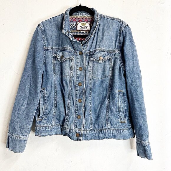 VTG Tiara International Medium Denim Jacket Knit Cotton Grandmacore Boho Heritag - Picture 1 of 11